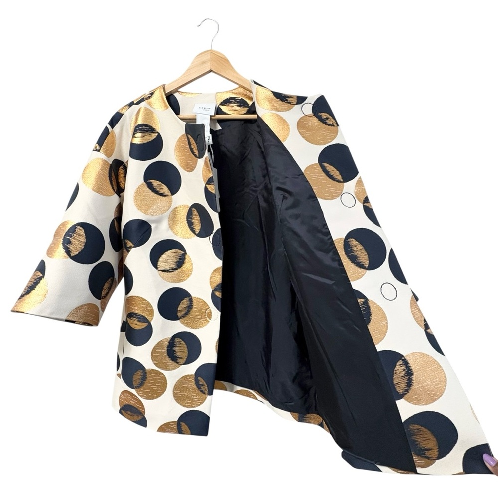 AKRIS Punto Car Coat Jacquard Sake Blue Metallic Gold Dot Print, Size US 12 - Picture 6 of 12